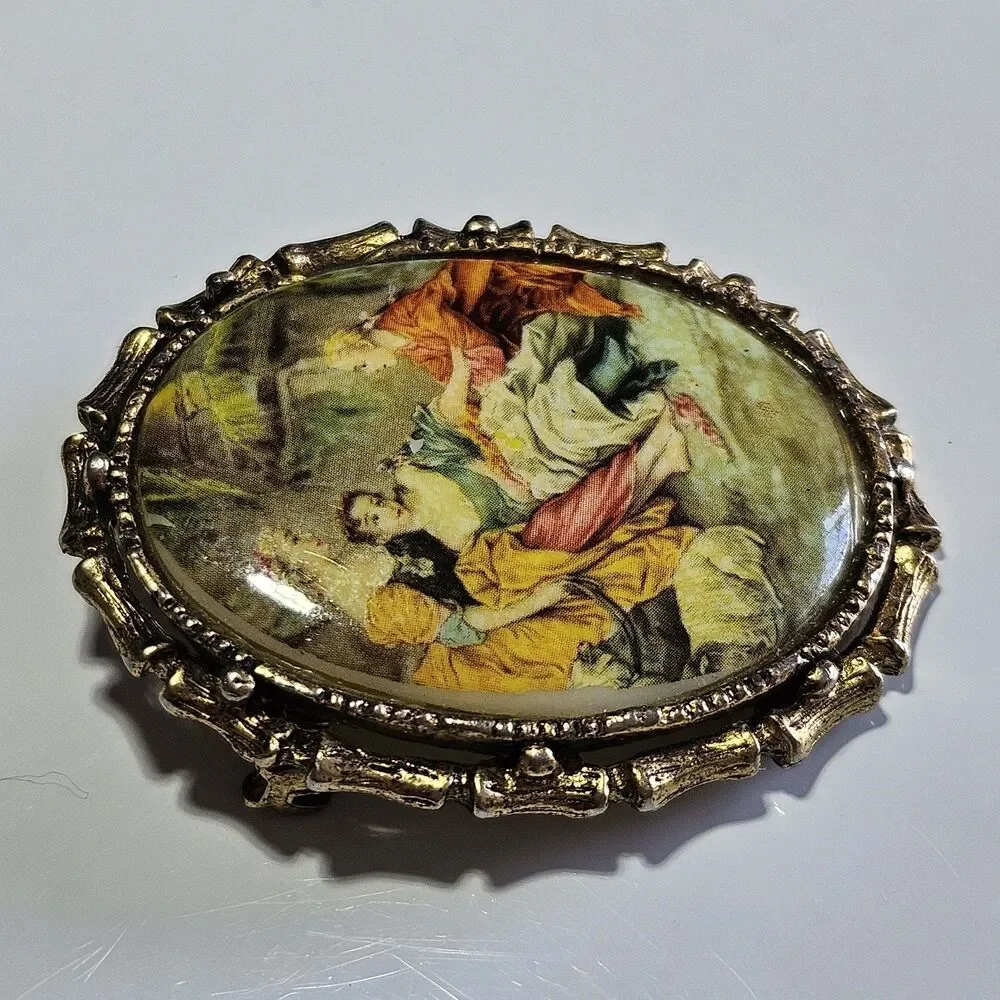 Vintage Gold Tone Porcelain Serenade Cameo Brooch